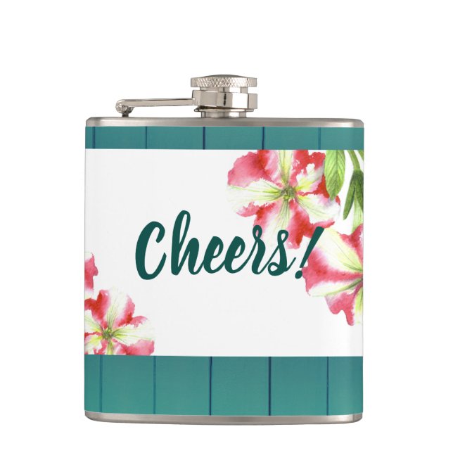 Watercolor Pink and White Petunias Illustration Hip Flask (Front)