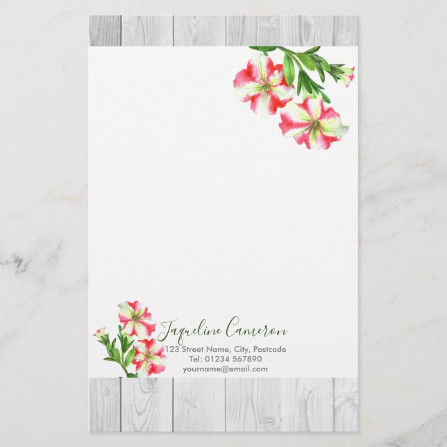 Watercolor Pink and White Petunias Illustration Stationery (Front)
