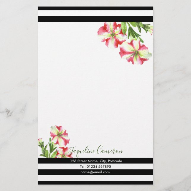 Watercolor Pink and White Petunias Illustration Stationery (Front)