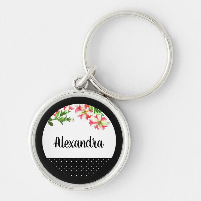 Watercolor Pink and White Petunias Polka Dot Key Ring (Front)