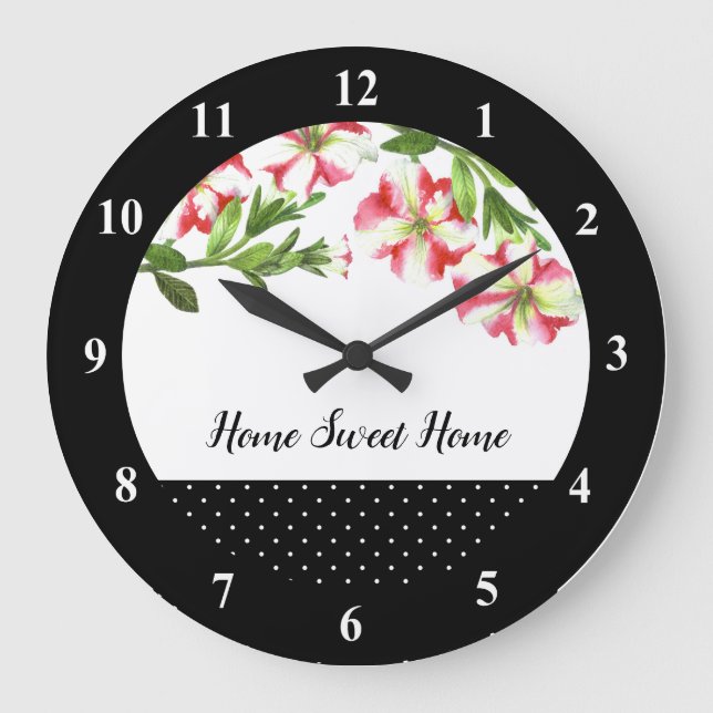 Watercolor Pink and White Petunias Polka Dot Large Clock (Front)