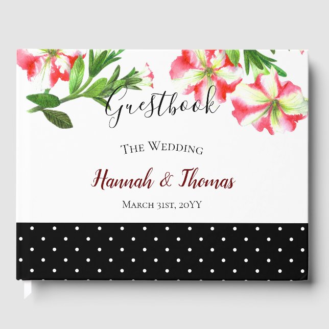 Watercolor Pink and White Petunias Polka Dots Guest Book (Front)