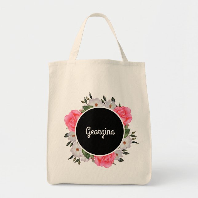 Watercolor Pink and White Roses Circle Wreath Tote Bag (Front)