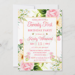 Watercolor Pink and Yellow Flowers 21st Birthday Invitation