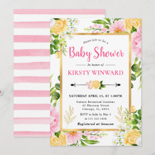Watercolor Pink and Yellow Flowers Baby Shower Invitation