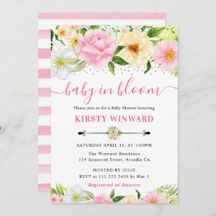 Watercolor Pink and Yellow Flowers Baby Shower Invitation