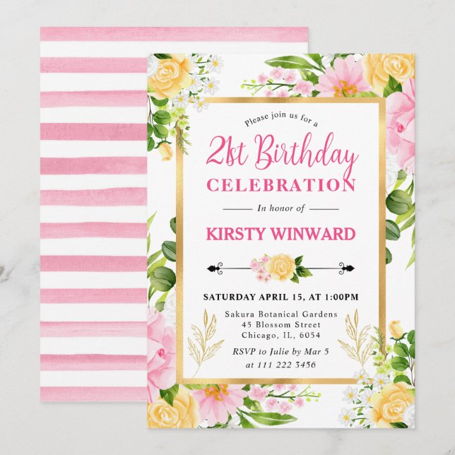 Watercolor Pink  and Yellow Flowers Birthday Invitation (Front/Back)