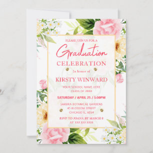 Watercolor Pink and Yellow Flowers Graduation Invitation