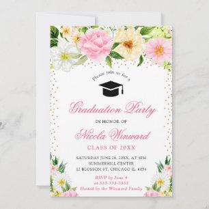 Watercolor Pink and Yellow Flowers Graduation Invitation
