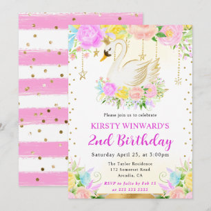 Watercolor Pink and Yellow Flowers Swan Birthday Invitation