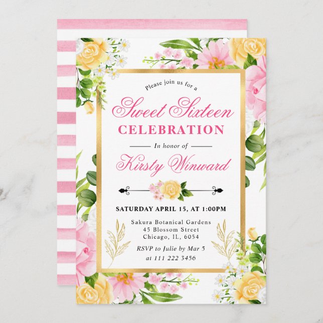 Watercolor Pink  and Yellow Flowers Sweet 16 Invitation (Front/Back)