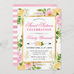 Watercolor Pink and Yellow Flowers Sweet 16 Invitation