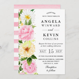 Watercolor Pink and Yellow Flowers Wedding Invitation