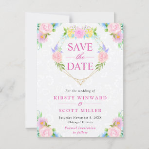 Watercolor Pink and Yellow Summer Wreath Wedding Postcard