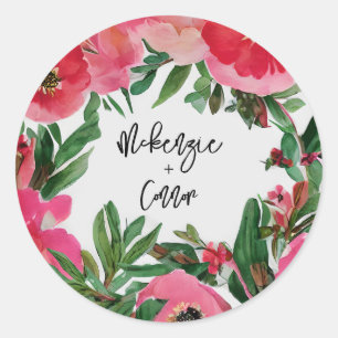 Watercolor Pink Anemone Floral Wedding Classic Round Sticker