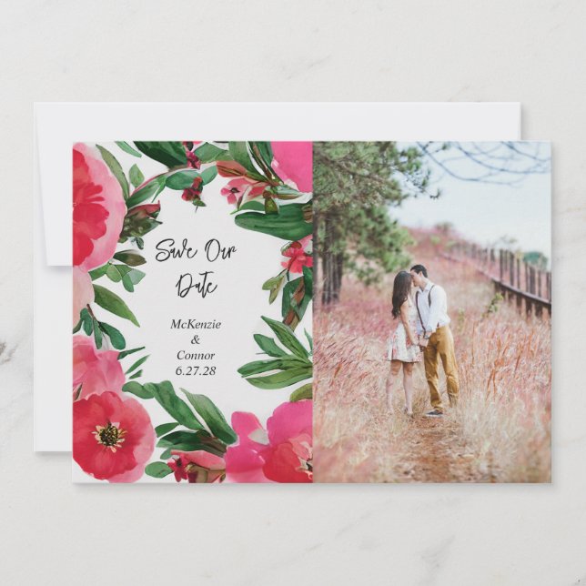 Watercolor Pink Anemone Wedding Photo Save The Date (Front)