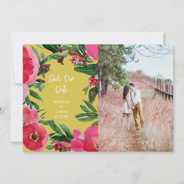 Watercolor Pink Anemone Yellow Wedding Photo Save The Date (Front)