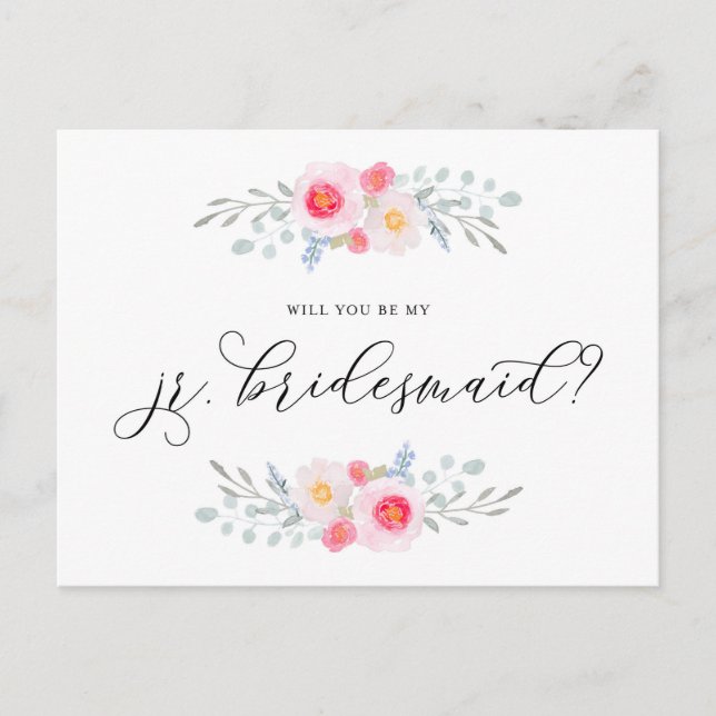 Watercolor Pink Anemones Be My Jr. Bridesmaid Invitation Postcard (Front)