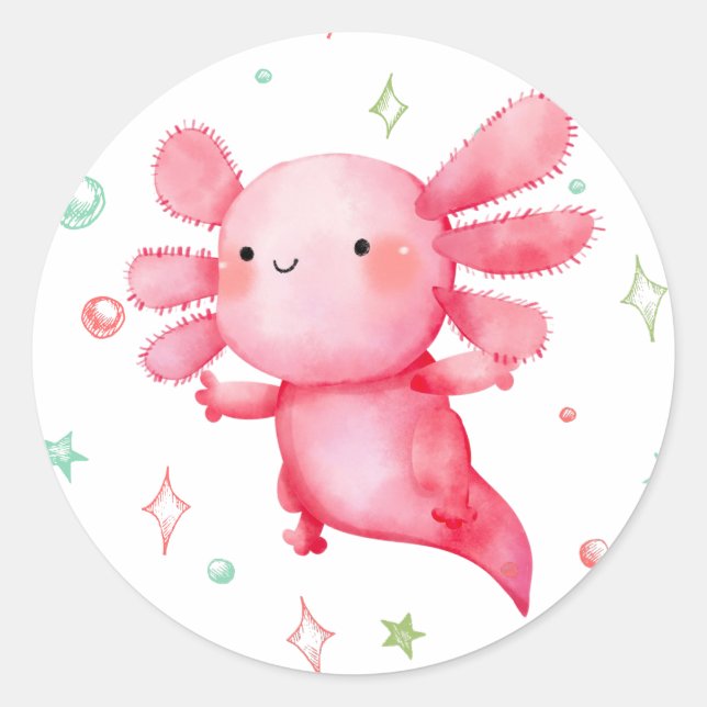 Watercolor Pink Axolotl Birthday Party Classic Round Sticker (Front)