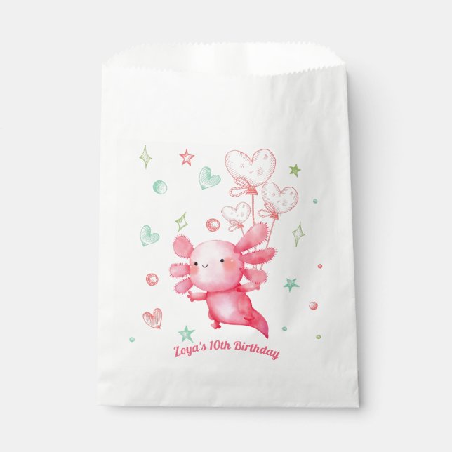 Watercolor Pink Axolotl Birthday Party Favour Bags (Front)