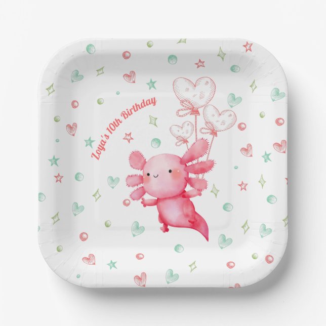 Watercolor Pink Axolotl Fun Kids Birthday Party Paper Plate (Front)