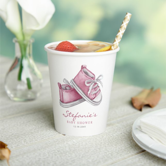 Watercolor Pink Baby Booties Baby Shower Paper Cups (Insitu)