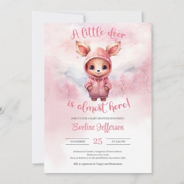 Watercolor pink baby deer with sweatshirt invitation (Front)