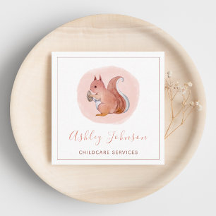 Watercolor Pink Baby Squirrel Childcare Services   Square Business Card