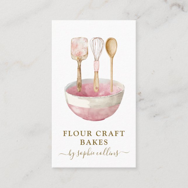 Watercolor Pink Baker Bakery Pastry Chef Utensils Business Card (Front)