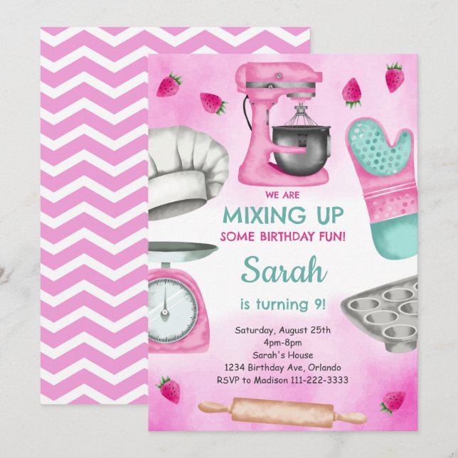 Watercolor Pink Baking Cooking Birthday Invitation (Front/Back)