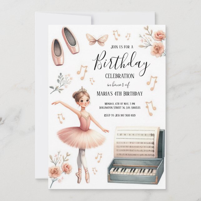 Watercolor Pink Ballerina Kids Birthday Invitation (Front)