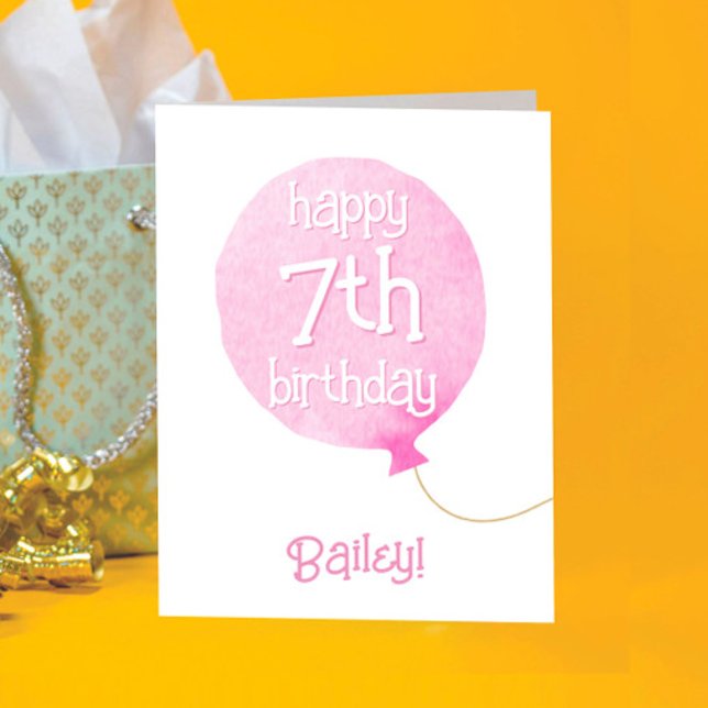 Watercolor Pink Balloon Kids Happy Birthday Card (Creator Uploaded)