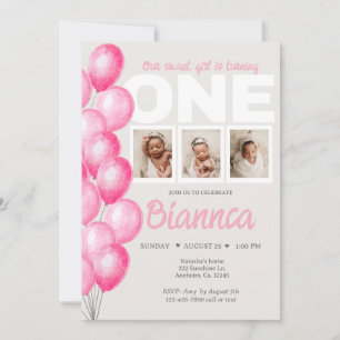 Watercolor Pink Balloon Photo First Birthday  Invitation