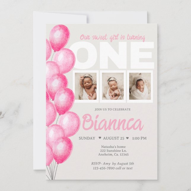 Watercolor Pink Balloon Photo First Birthday  Invitation (Front)