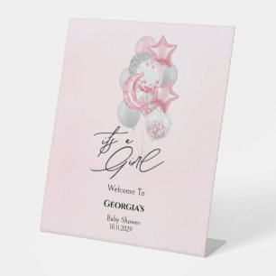 Watercolor Pink Balloons It’s A Girl Baby Shower Pedestal Sign