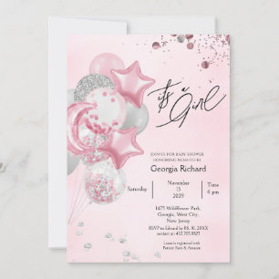 Watercolor Pink Balloons Its A Girl Baby Shower Invitation