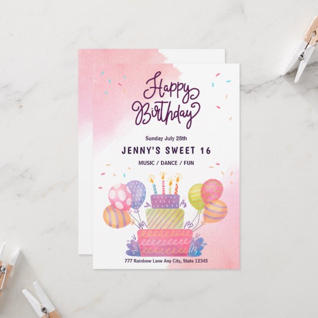 Watercolor Pink Balloons Sweet 16 Birthday  Invitation (Front/Back In Situ)