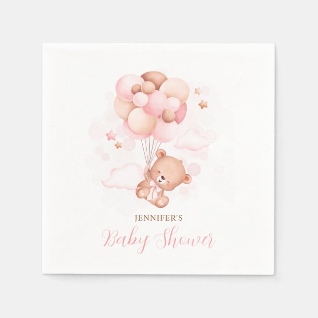 Watercolor Pink Balloons Teddy Bear Baby Shower Napkin (Front)