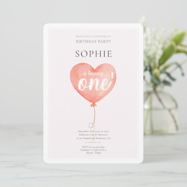 Watercolor Pink Baloon Birthday Party Invitation (Standing Front)