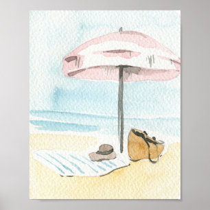 Watercolor Pink Beach Umbrella Coastal Poster
