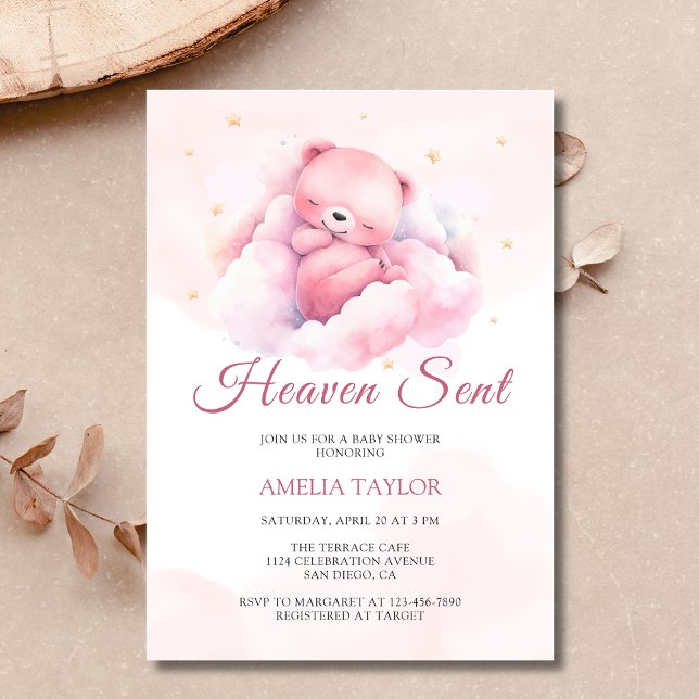 Watercolor Pink Bear Heaven Sent Girl Baby Shower Invitation (A "Heaven Sent" girl's baby shower invitation featuring a pink bear on a cloud)