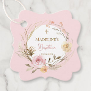 watercolor pink beige flowers Baptism Favour Tags