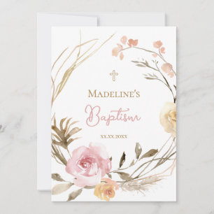 watercolor pink beige flowers Baptism Invitation