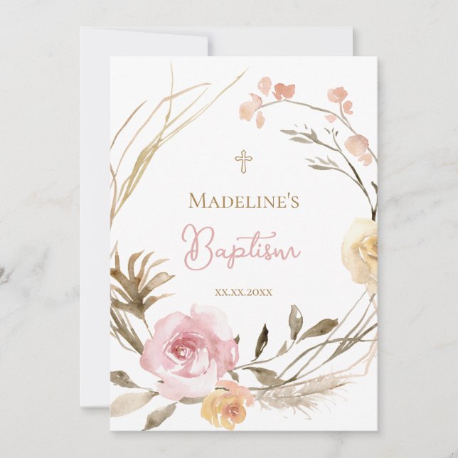  watercolor pink beige flowers Baptism Invitation (Front)