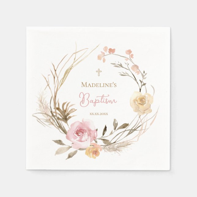  watercolor pink beige flowers Baptism Napkin (Front)
