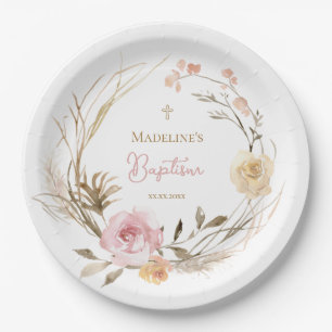  watercolor pink beige flowers Baptism Paper Plate