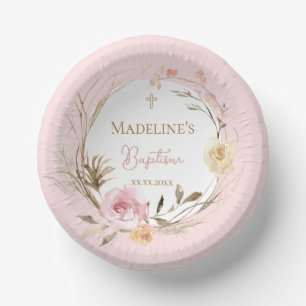 watercolor pink beige flowers Baptism Paper Plate