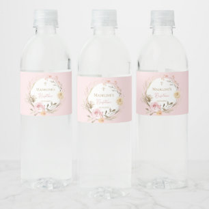 watercolor pink beige flowers Baptism Water Bottle Label