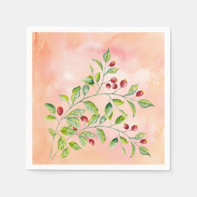 Watercolor Pink Berries and Green Foliage Wedding Napkin (Front)
