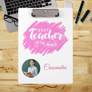 Watercolor Pink Best Teacher in The World Photo Clipboard